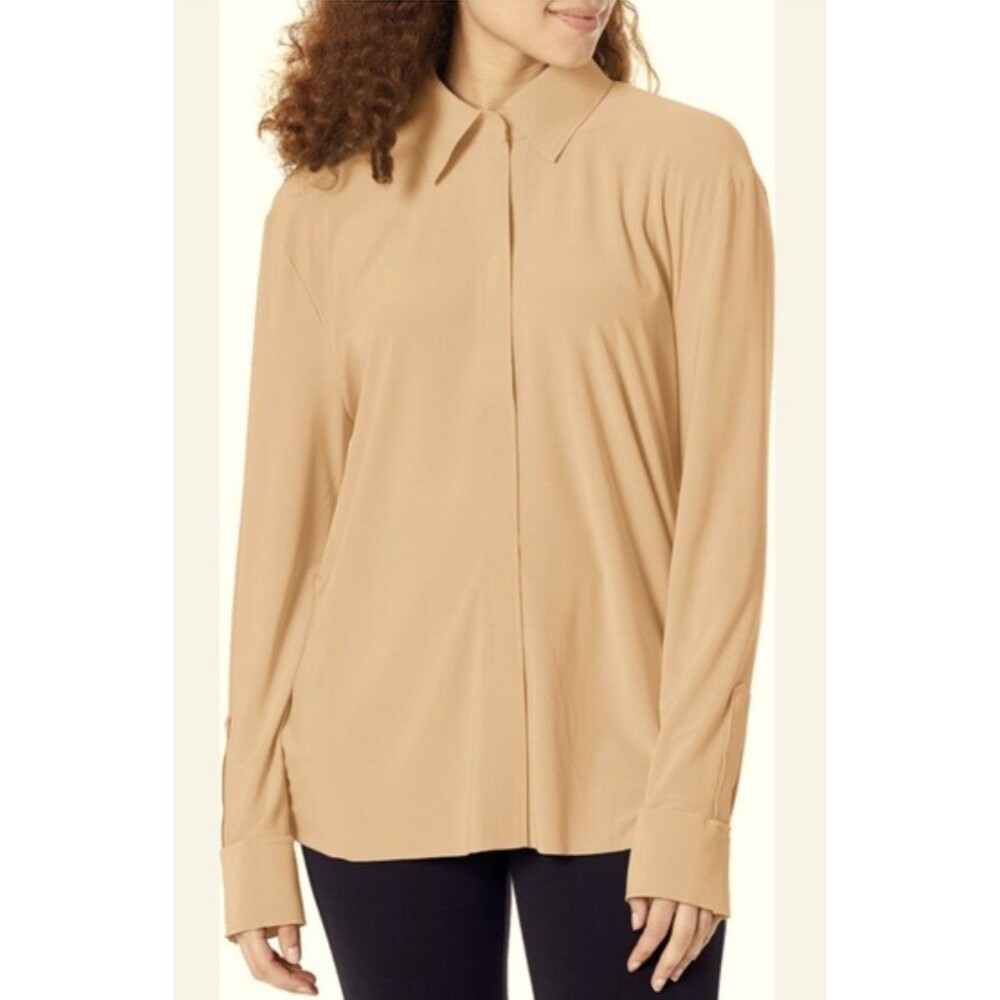 Norma Kamali NK Blouse Long Sleeve Collar Stand Beige Tan Medium 38 NWT (B08)